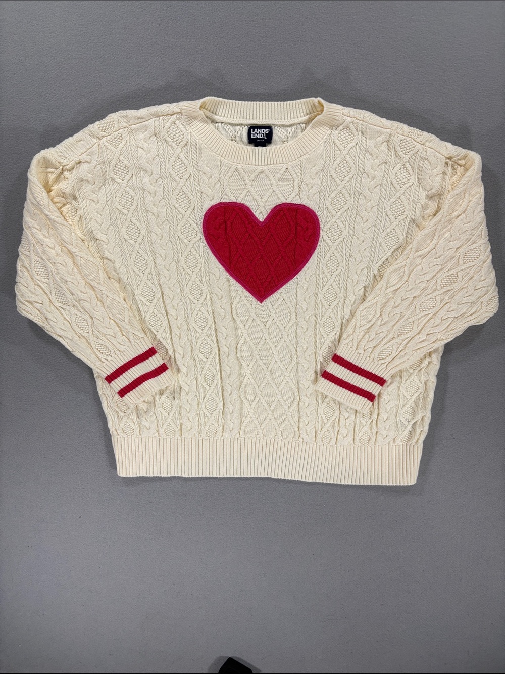 Lands' End Cream cotton Cable Knit Sweater with Red Heart Appliqué 2X